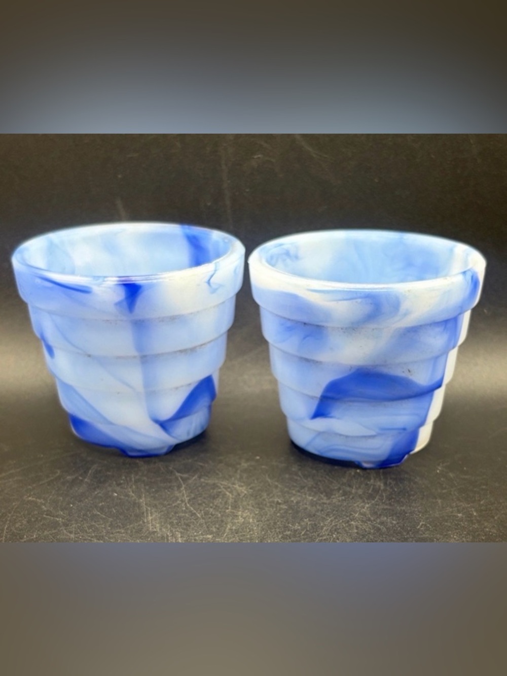 Pair Vintage Blue & White Marbled Agate Slag Glass Planters Pots Vessels, USA